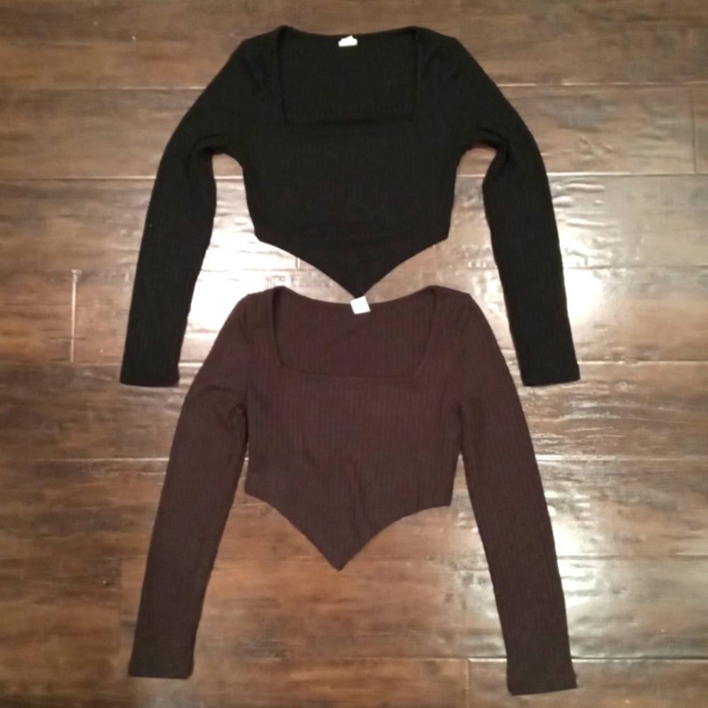 Shein Teen Black & Brown Cropped Triangle Hem Long Sleeve Tops Size 10-11Y